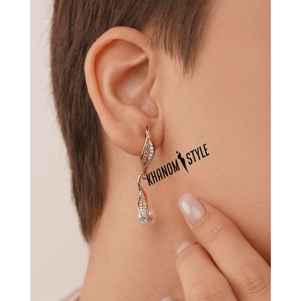 گوشواره ژوپینگ مرواریدی طرح برگ E606 — تصویر ۲