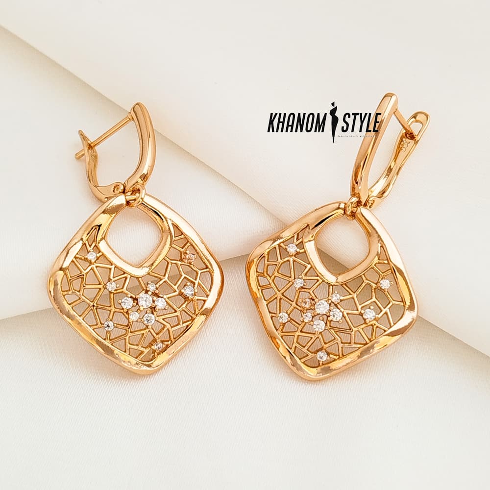 گوشواره ژوپینگ مدل مربعی طرح مشبک E7044