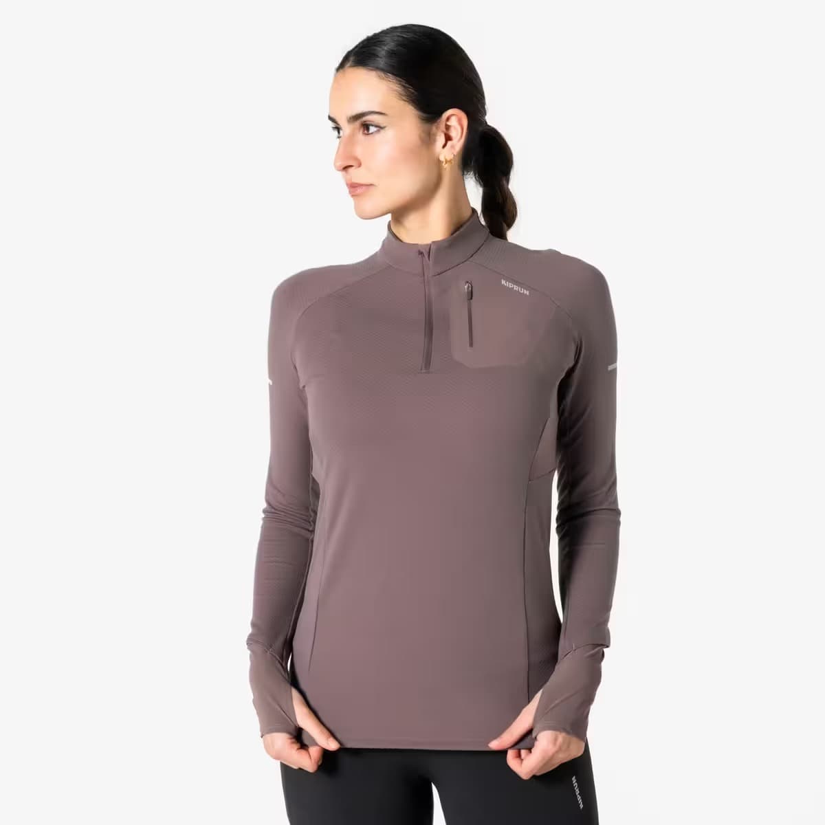 تی‌شرت آستین بلند زنانه رانینگ کیپران – نیم‌زیپ – قهوه‌ای – Kiprun Run 900 گرم