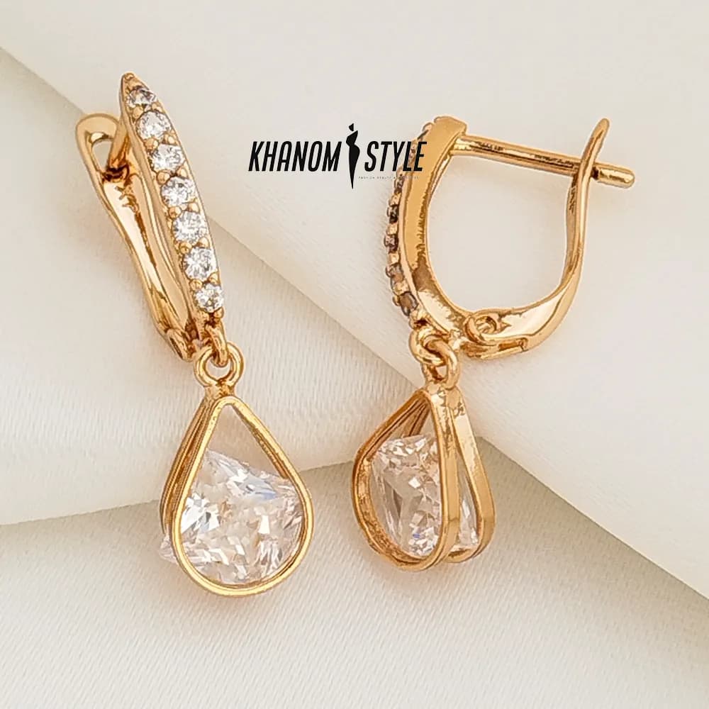 گوشواره آویز نگین دار ژوپینگ طرح اشکی E6028