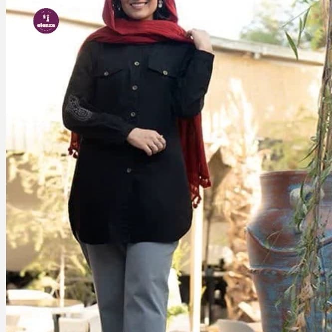 مانتو زنانه کوتاه مشکی گلدوزی شده الیاف طبیعی مدل چیکا