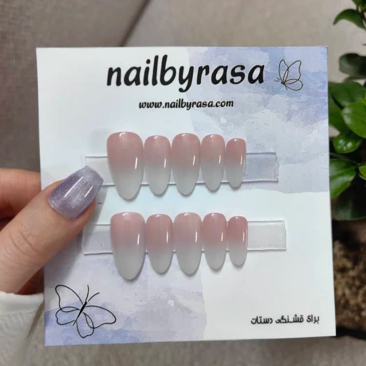 ناخن مصنوعی فرم بادامی طرح بیبی بومر (فرنچ آمبره) صورتی و سفید راسا – RSN0493