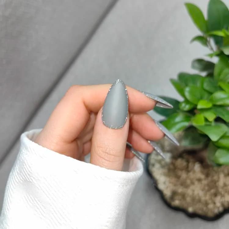 ناخن مصنوعی فرم بادامی رنگ خاکستری فیلی طرح دورگیری نقرهای مات راسا – RSN0489 — تصویر ۳