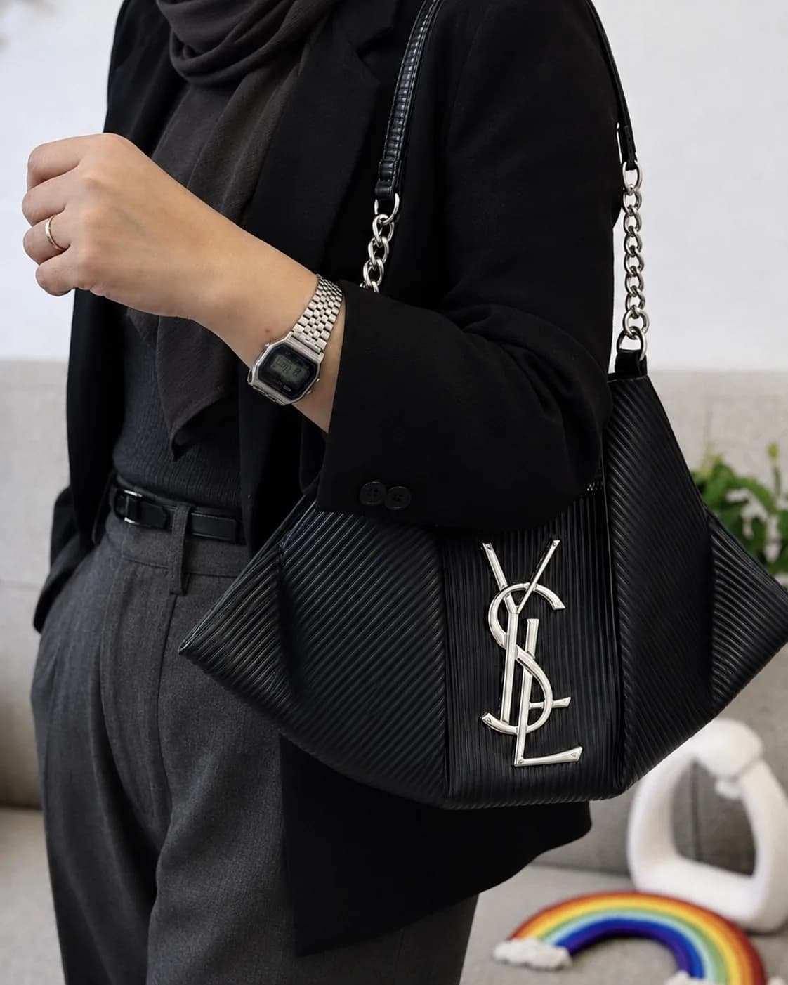 کیف دوشی زنانه زنجیردار طرح YSL مشکی