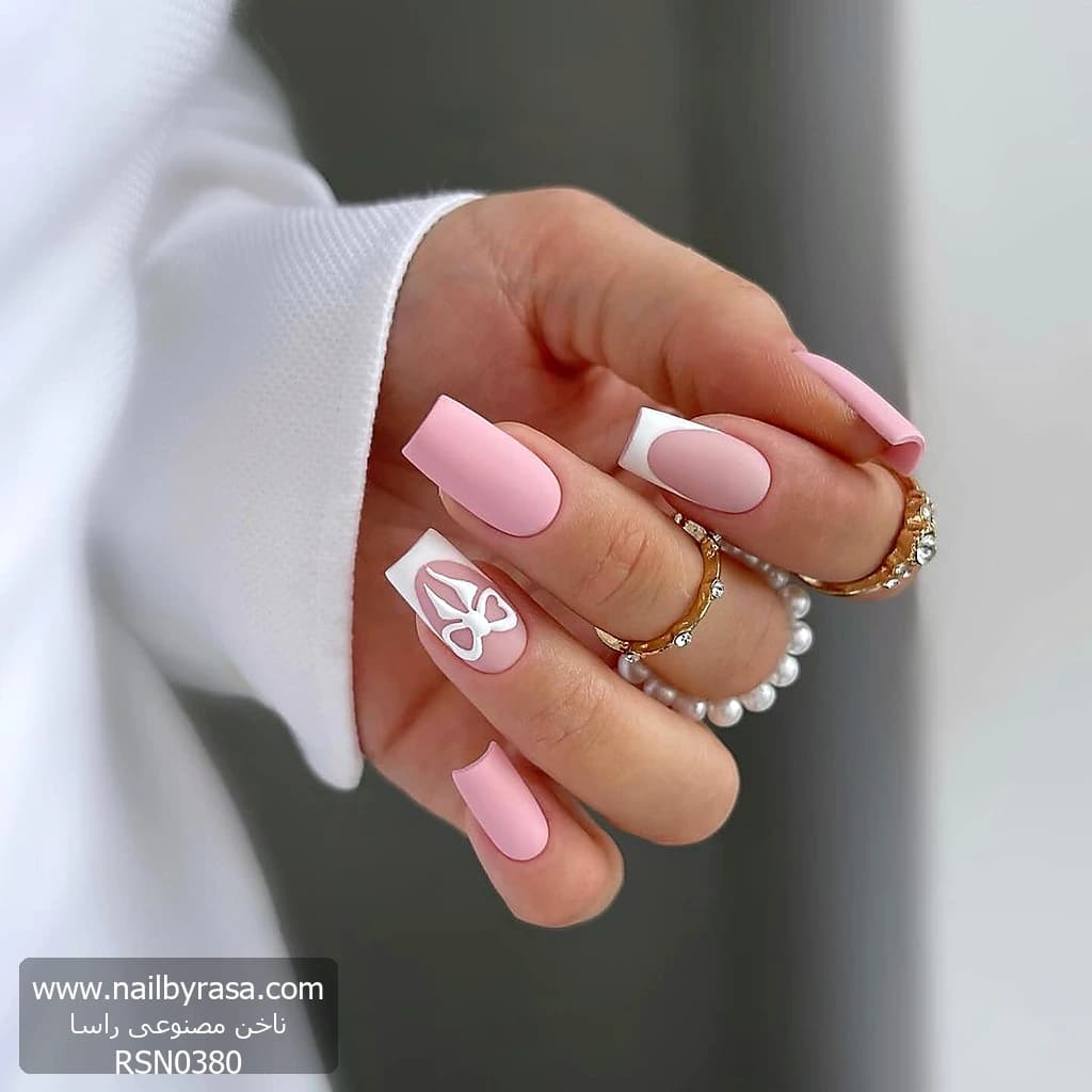 ناخن مصنوعی طرح فرنچ و پاپیون رنگ صورتی فرم مربع راسا – RSN0380