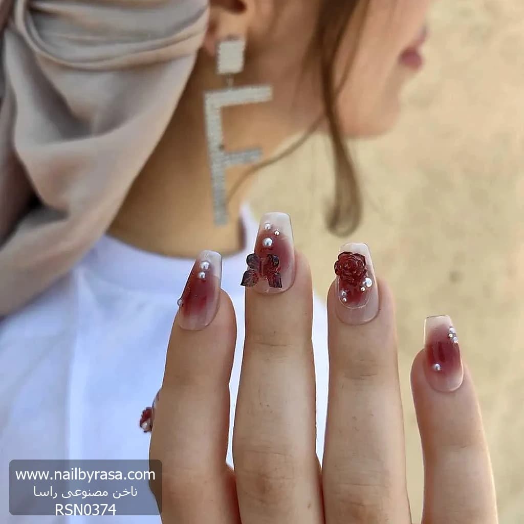 ناخن مصنوعی رنگ زرشکی هلویی بیبی بومر طرح گل و پروانه راسا – RSN0374