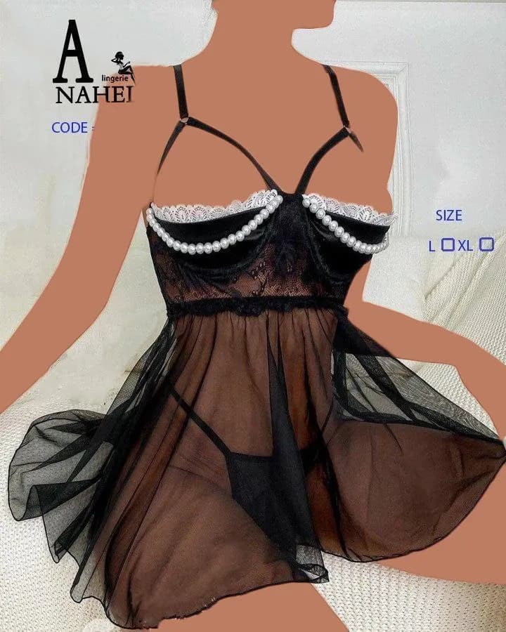 لباس خواب توری مرواریدی فنردار Anahel کد 7072 — تصویر ۲