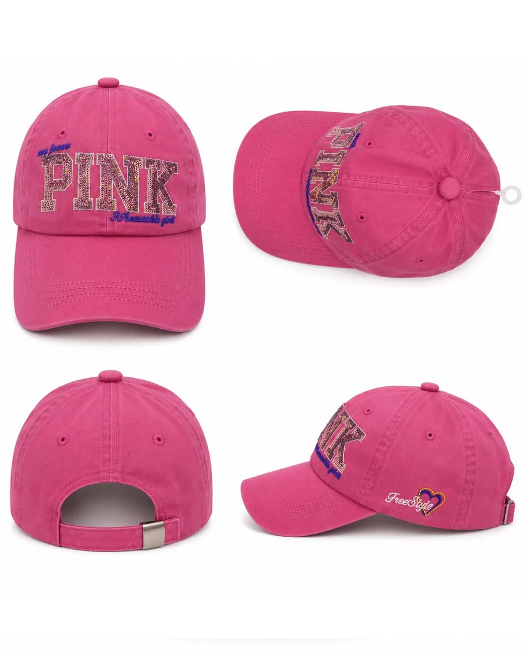 کلاه کپ دخترانه طرح PINK (پولک‌دوزی شده – سرخابی) — تصویر ۵