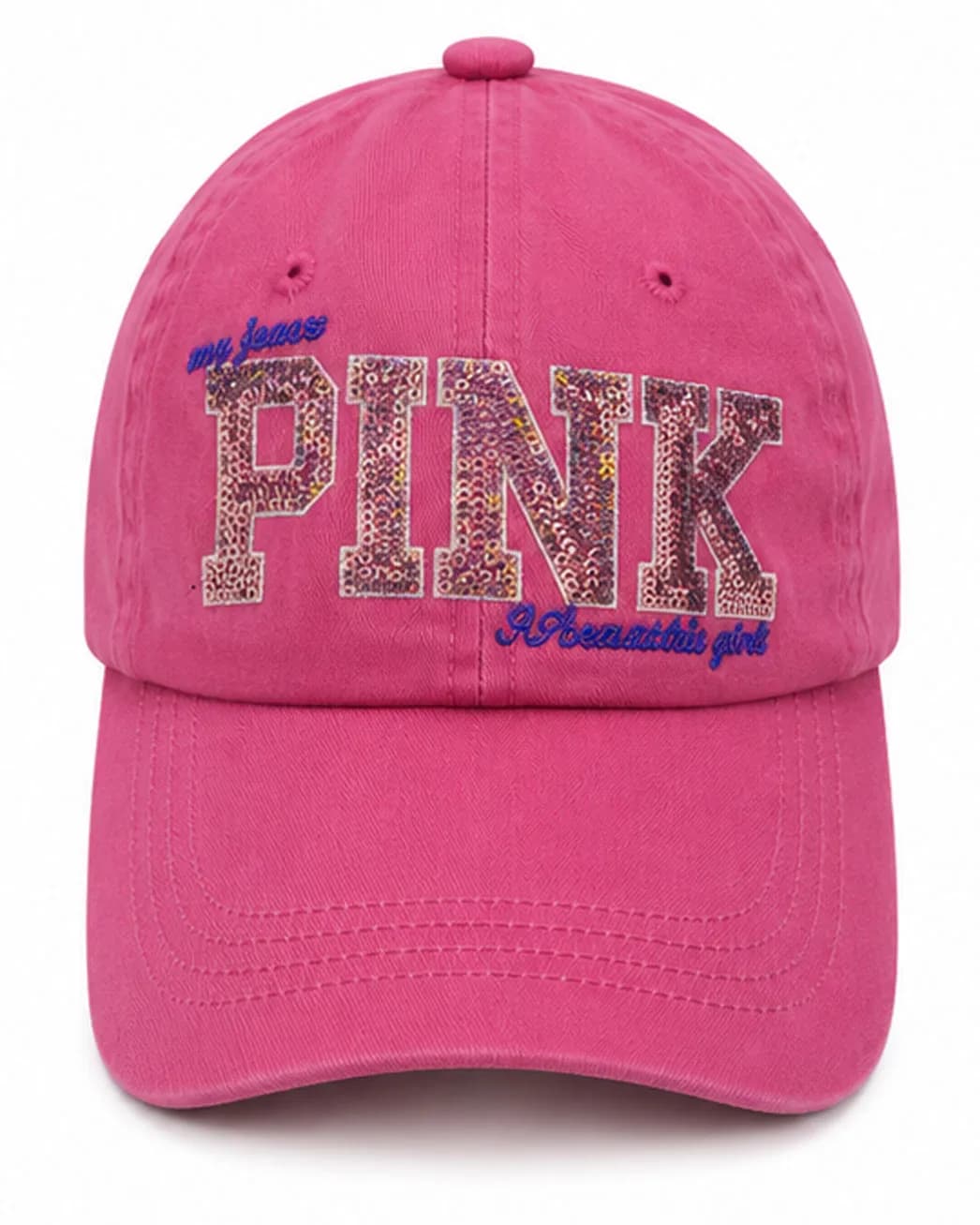 کلاه کپ دخترانه طرح PINK (پولک‌دوزی شده – سرخابی)