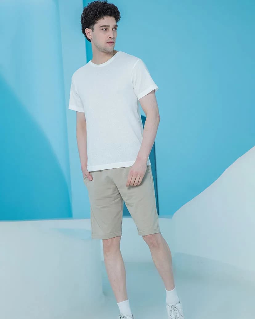 ست تیشرت مردانه ژاکارد شیری و شلوارک کرم