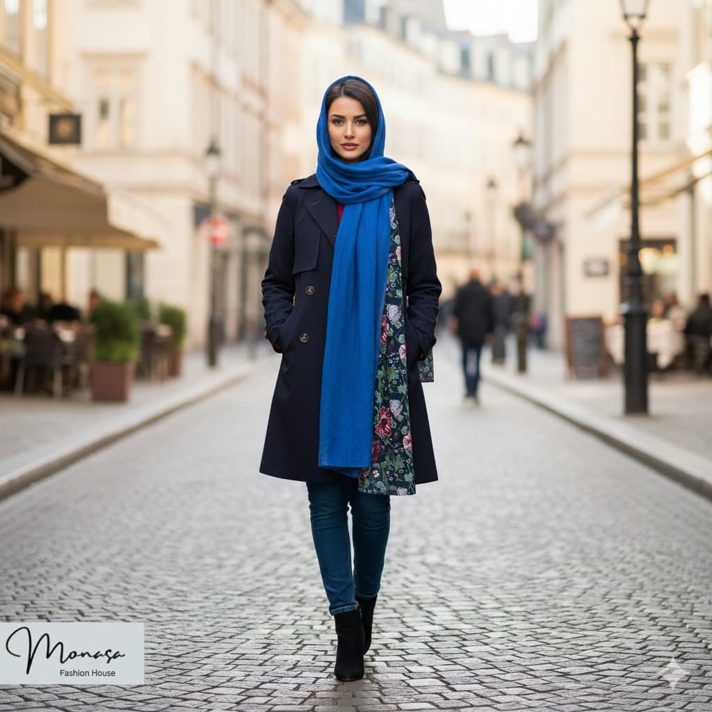 شال آبی تیره گلدار مزونی برند موناسا S76