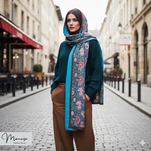 شال آبی فیروزه‌ای و سبز گلدار مزونی برند موناسا S73 — تصویر ۲