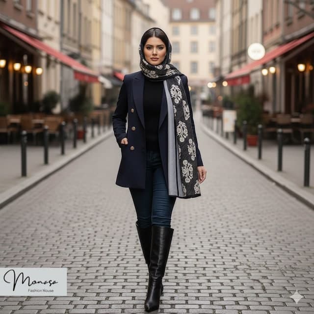 شال طوسی و مشکی گلدار مزونی برند موناسا S63