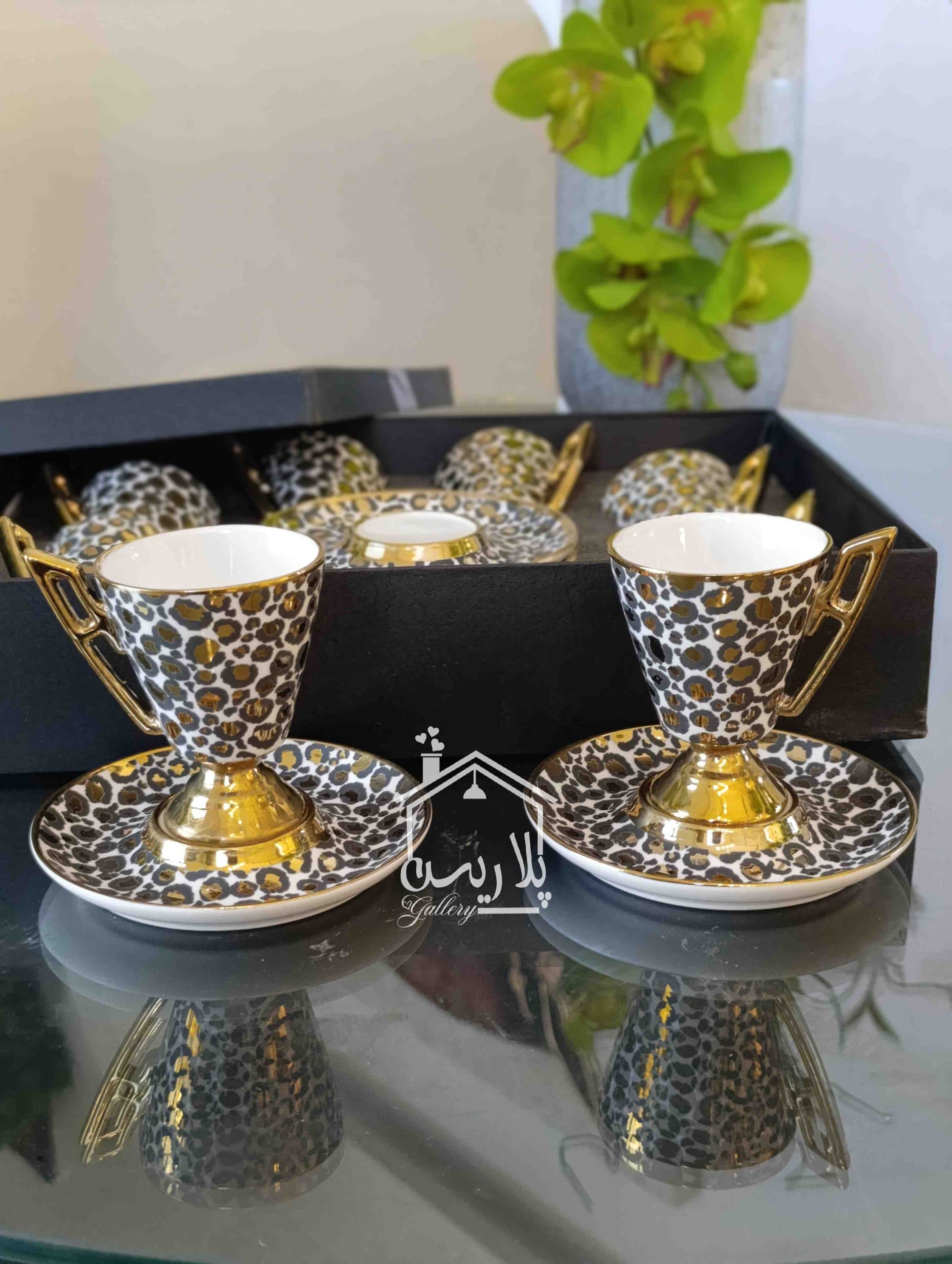 ست فنجان قهوه خوری پایه دار پلنگی
