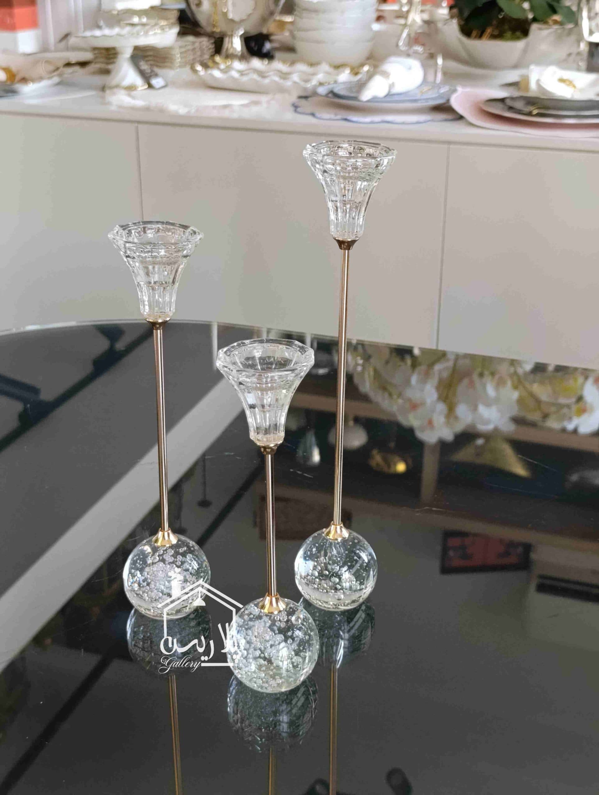 ست سه تایی جاشمعی شمعدان شیپوری کریستال پایه گوی 12279