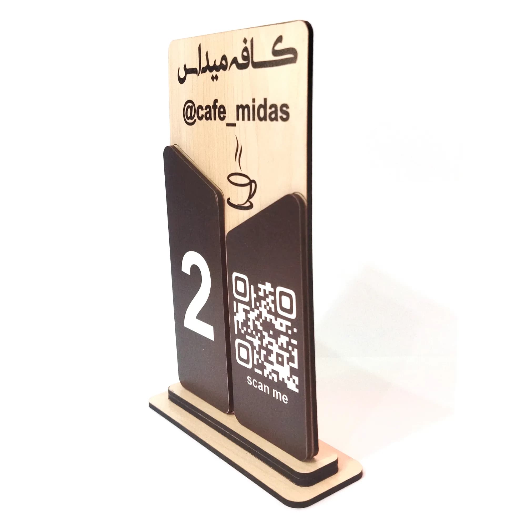 استند شماره میز کافه و رستوران MDF با QR Code | یکرو و دورو | قابل سفارشی‌سازی رنگ — تصویر ۲