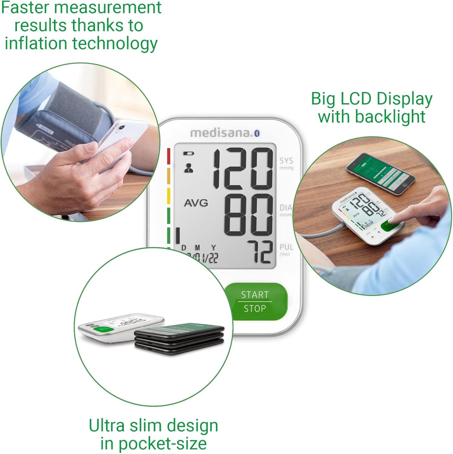 فشارسنج بازویی هوشمند مدیسانا مدل BU 570 Connect بلوتوثی | اتصال به اپلیکیشن VitaDock و تشخیص ضربان نامنظم — تصویر ۳