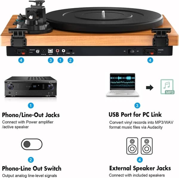 گرامافون چوبی رومیزی با سیستم HiFi و بلوتوث،دو اسپیکر جانبی مدل B10A — تصویر ۲
