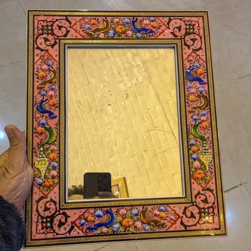 آینه نقاشی مینیاتورگل و مرغ+ خاتم کاری 28در 34 — تصویر ۲