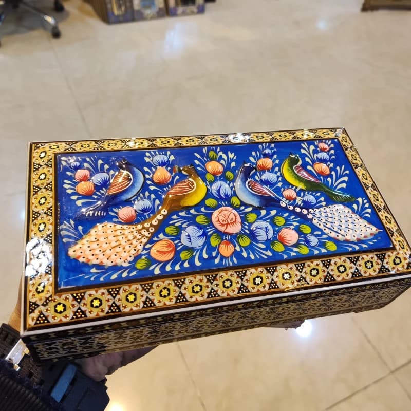 جعبه نقاشی مینیاتور گل و مرغ و خاتم استخوانی 21 در 11