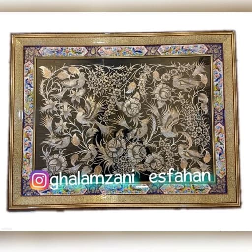 تابلو قلمزنی خاتم و نقاشی مینیاتور گل و مرغ برجسته 90*70