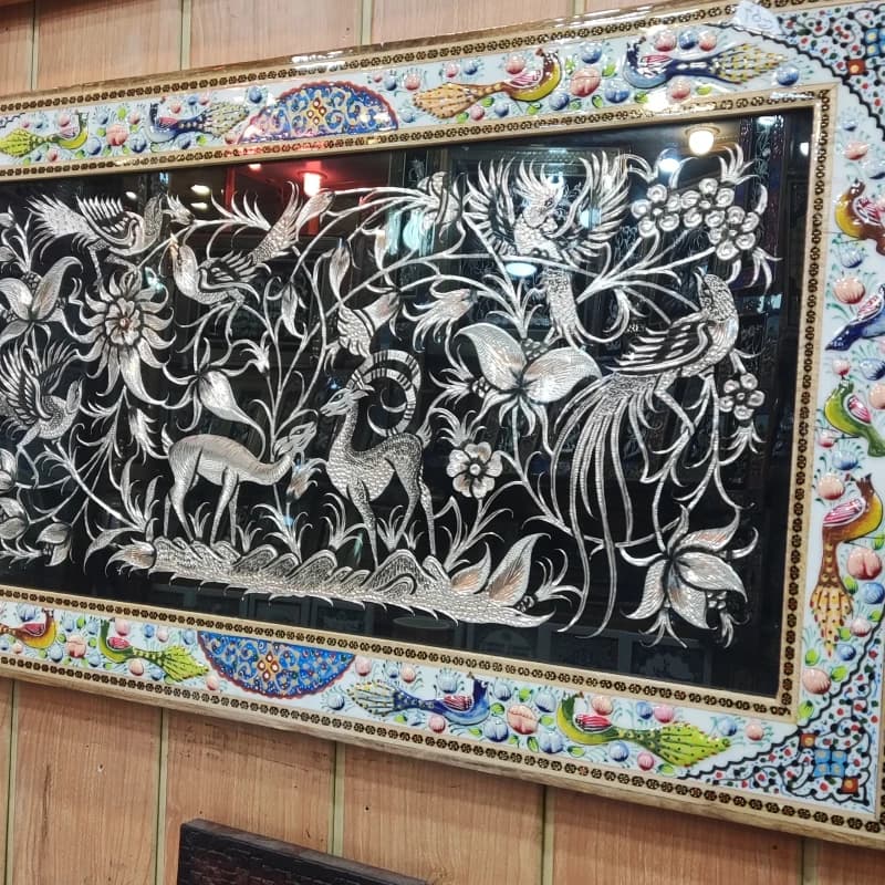 تابلو قلمزنی مینیاتور گل و مرغ برجسته 40*70 — تصویر ۲