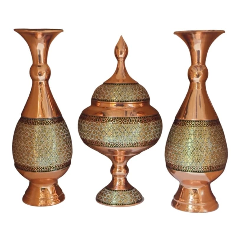 ست شکلات خوری و گلدان خاتم کاری مسی