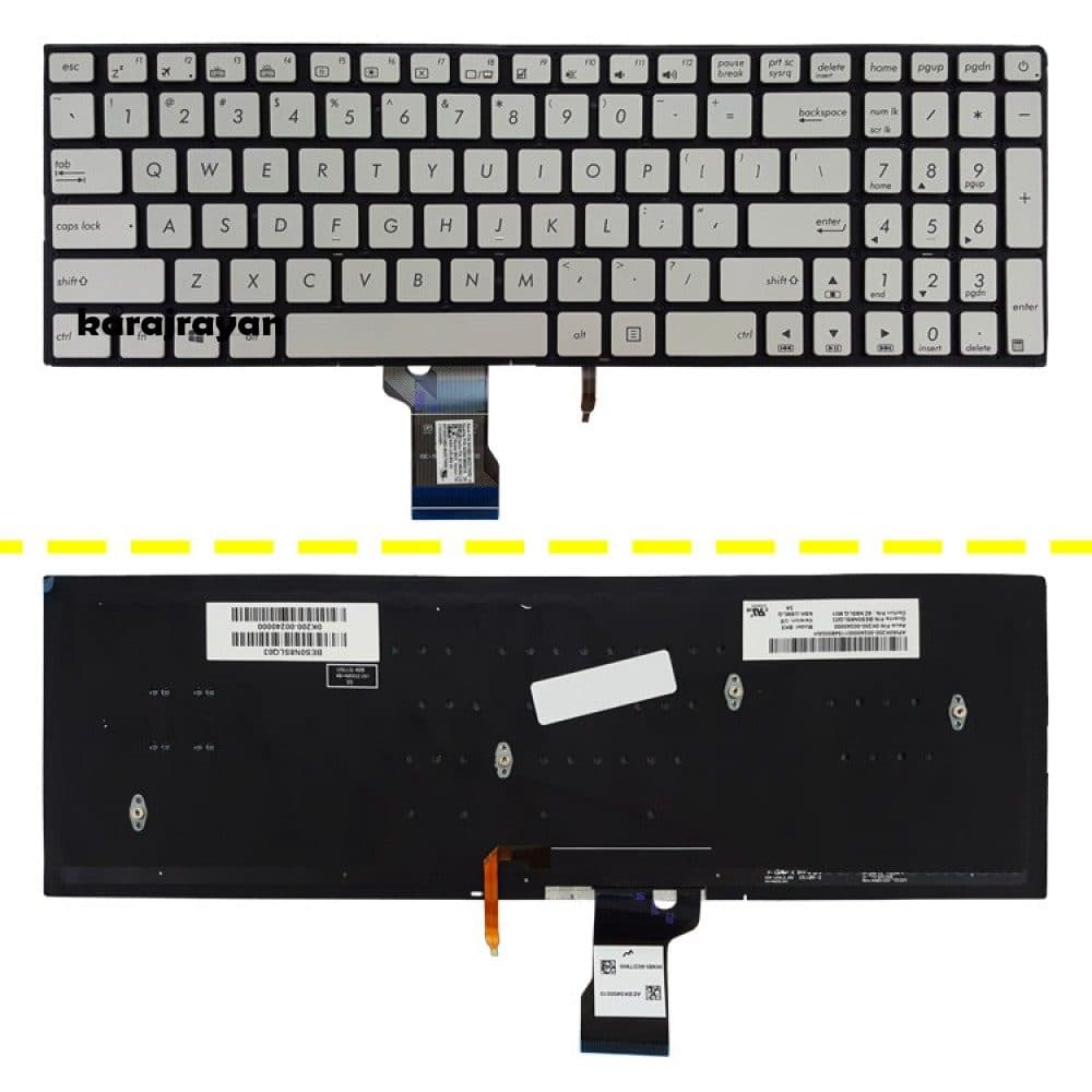 کیبرد لپ تاپ ایسوس N501 نقره ای-اینترکوچک-با بک لایت و کلید پاور — تصویر ۲