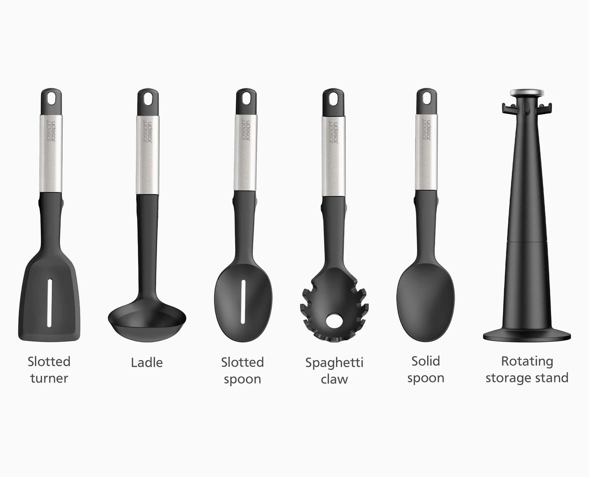 ست کفگیر و ملاقه 6 پارچه استیل و مشکی جوزف جوزف Joseph Joseph Elevate Stainless Steel Silicone Utensil Carousel, Set of 6 — تصویر ۳