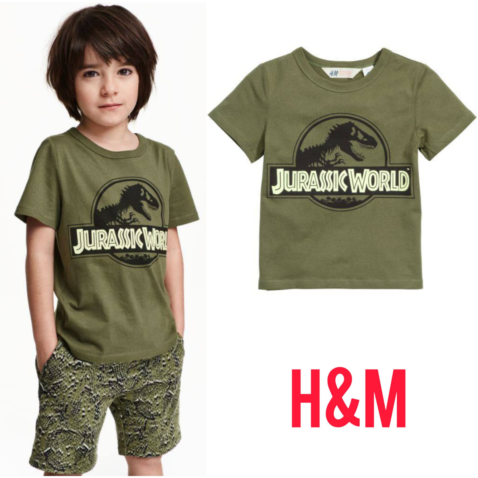 تیشرت نخی پسرانه برند اچ اند ام رنگ سبز طرح دایناسوری jurassic world