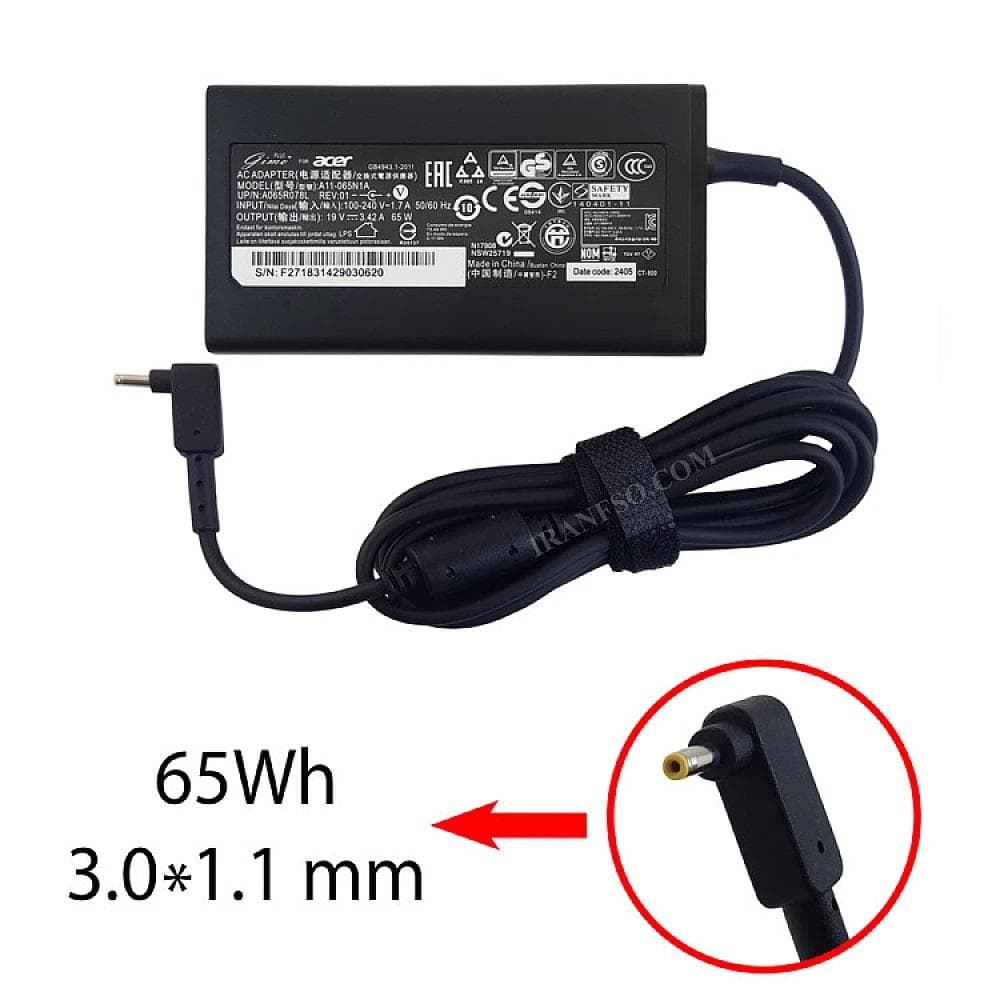 آداپتور لپ تاپ ایسر 19V 3.42A سرریز 3mmx1.1mm