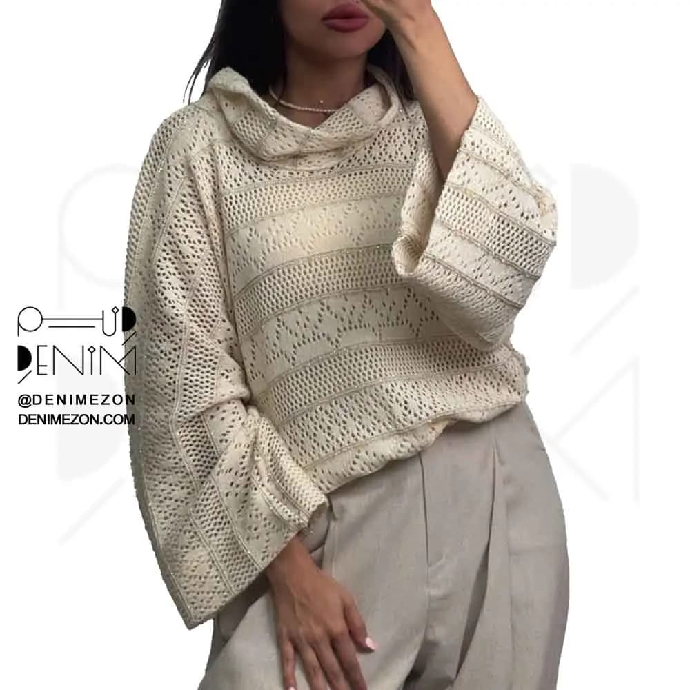 بلوز بافت لمه دار یقه اسکی شل شیری گل سنم
