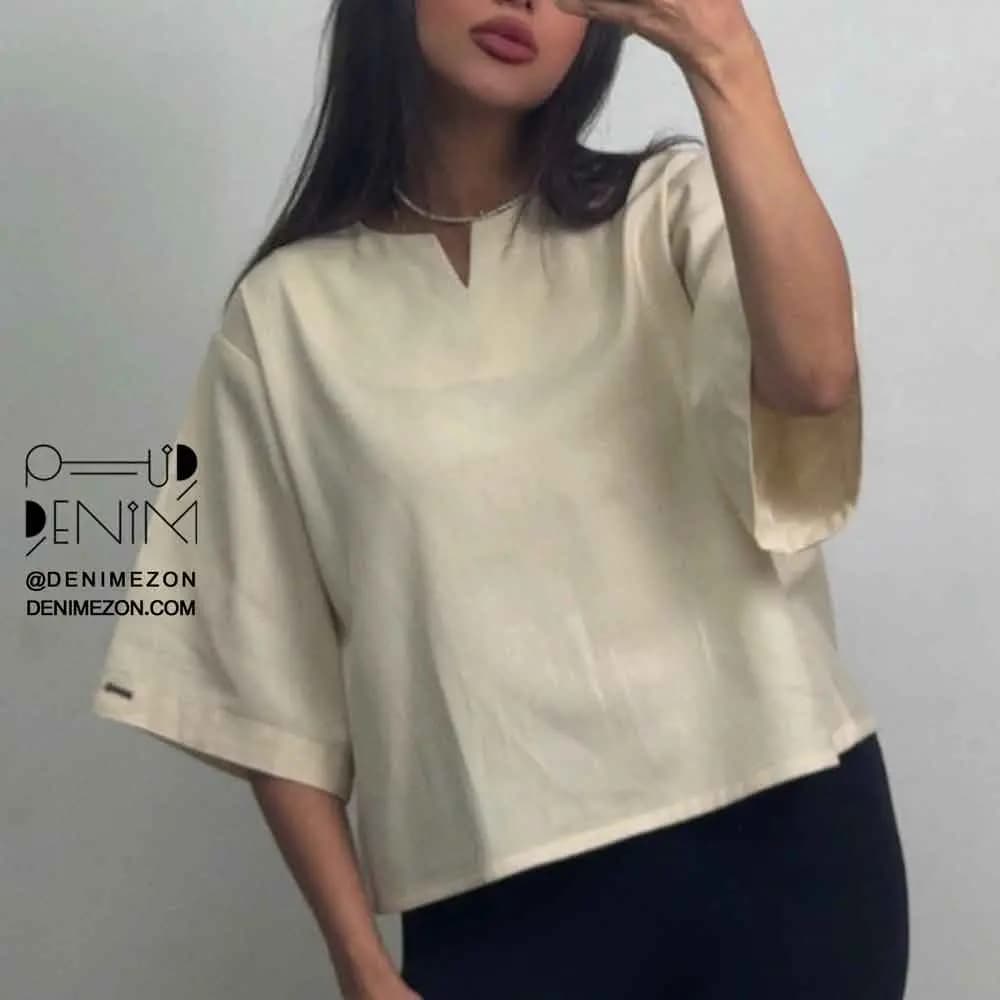 بلوز کتان نباتی یقه کوبایی سارا