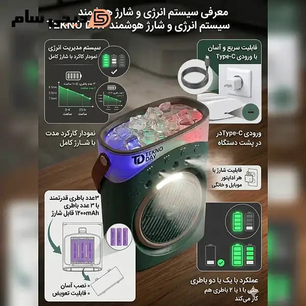 پنکه شارژی مه پاش YT-M2052 ظرفیت ۳۶۰۰ میلی‌آمپر — تصویر ۳