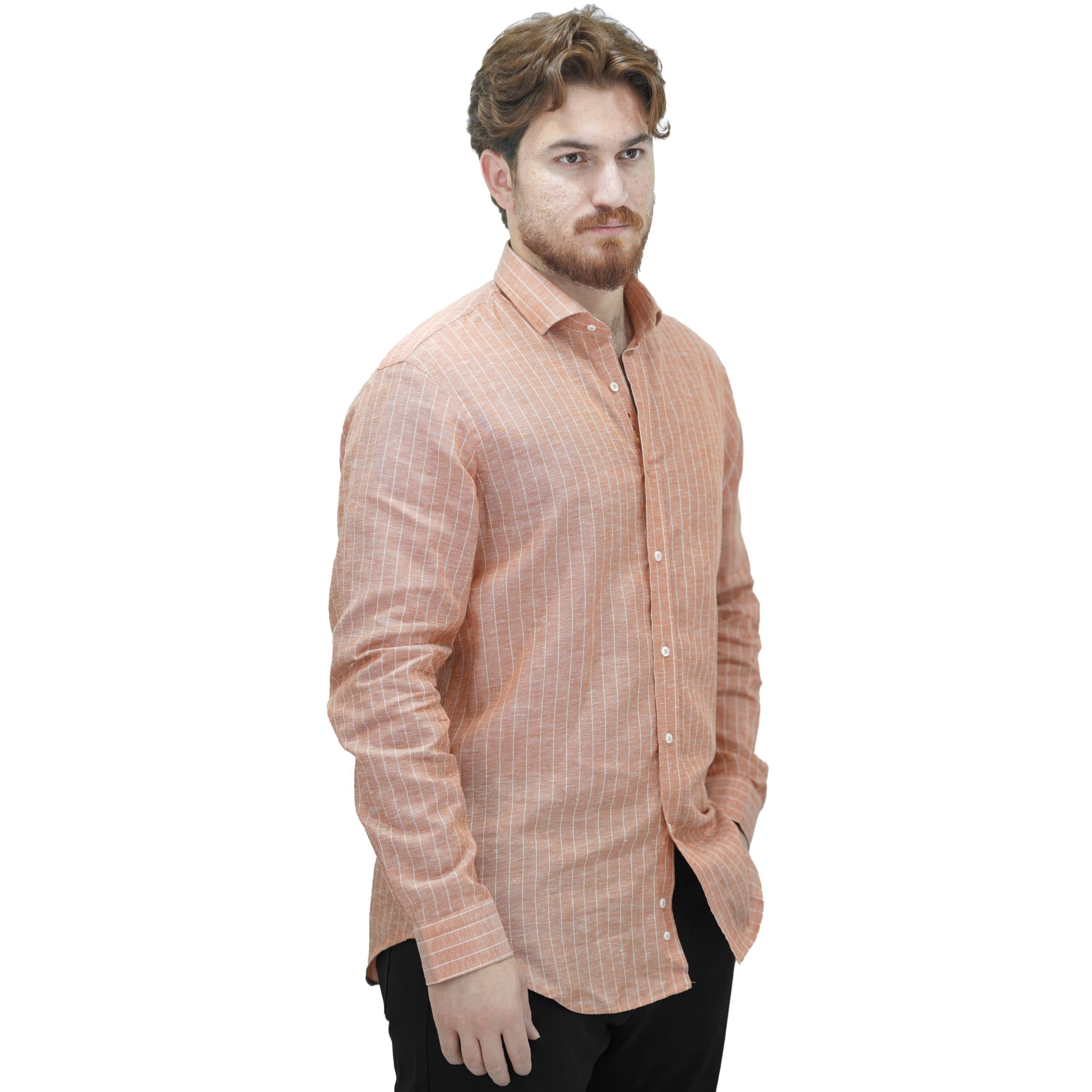 پیراهن تنسل مردانه راه راه سفید نارنجی تنخور SLIM FIT