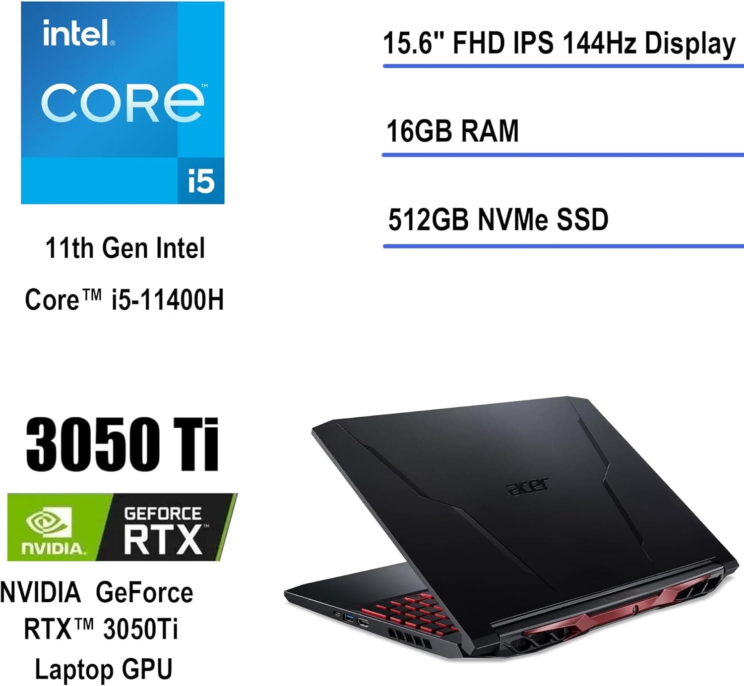 لپ تاپ ایسر گیمینگ ACER NITRO 5 AN515-57 | i5 11400 H | 16GB DDR4 | 512GB SSD | 4GB NVIDIA GEFORCE RTX 3050 Ti | 15.6 FHD 144 Hz — تصویر ۵