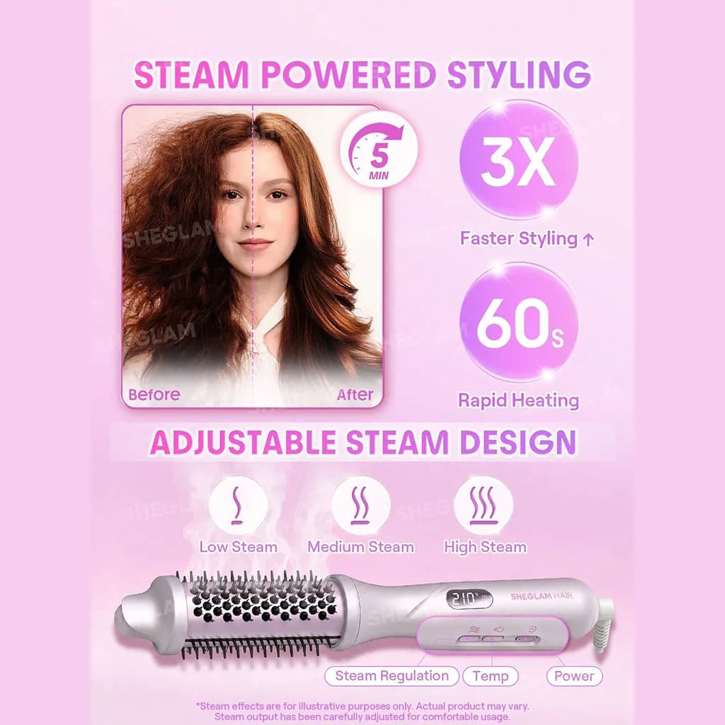 برس گرد بخاردار هیدراشات شیگلم سایز 38 میلی متر | SHEGLAM Hydra Shot Steam Blowout Brush Pro 1.5″/38mm EU Plug — تصویر ۳