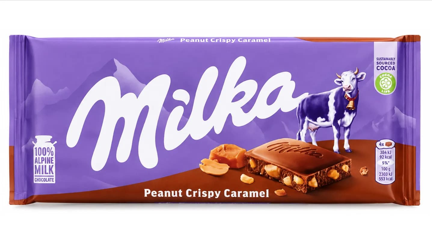 شکلات میلکا شیری با طعم کارامل و بادام زمینی Milka peanut crispy caramel