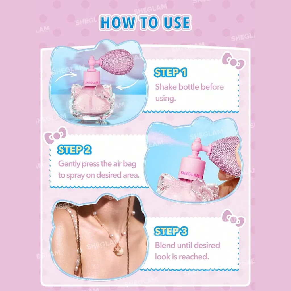 بادی میست و هایلایتر شیگلم مدل هلو کیتی | Hello Kitty SHEGLAM Highlighting Body Mist – Kitty Glow — تصویر ۵
