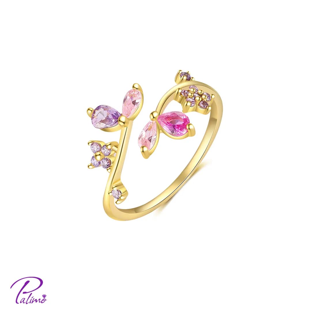 انگشتر نقره شکوفه و نگین اشکی رنگی R2167 با روکش طلای 18 عیار