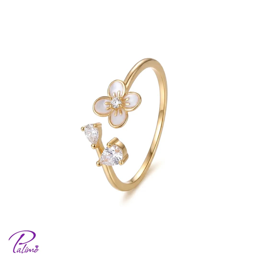 انگشتر نقره گل و نگین اشکی R2159 با روکش طلای 18 عیار