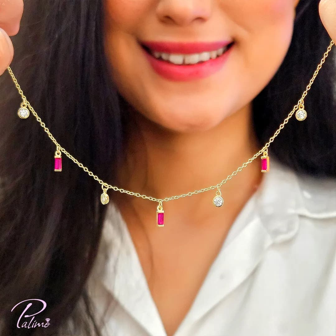 گردنبند نقره نگین قرمز کد N2256 با روکش طلا 18 عیار — تصویر ۳