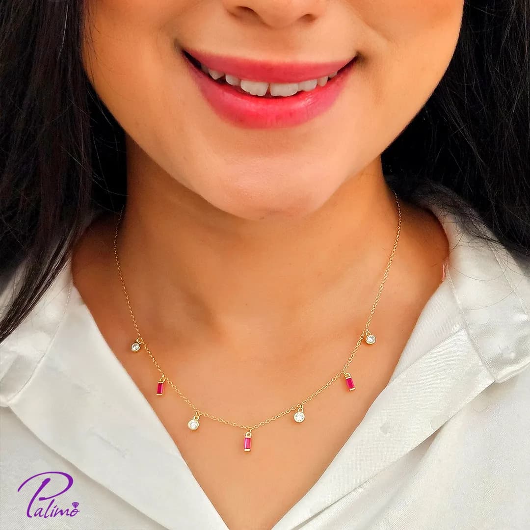گردنبند نقره نگین قرمز کد N2256 با روکش طلا 18 عیار — تصویر ۴