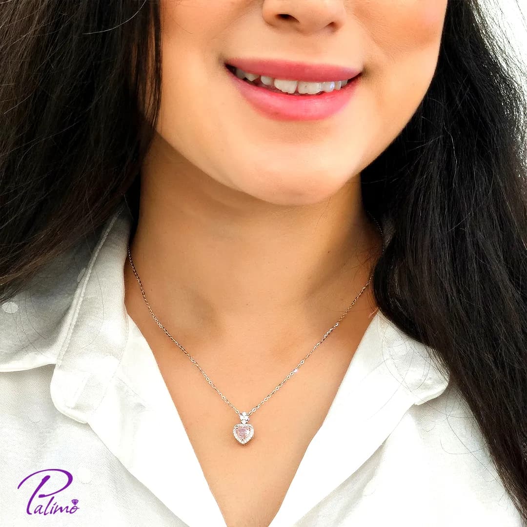گردنبند نقره قلب صورتی کد N2255 با روکش طلا سفید — تصویر ۴