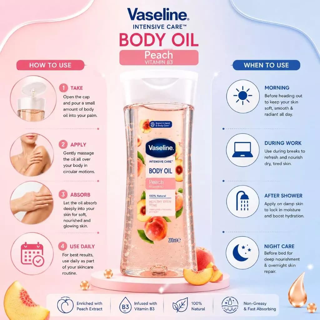 روغن بدن وازلین مدل Peach Vitamin B3 Healthy Even Tone حجم 200 میلی لیتر — تصویر ۴