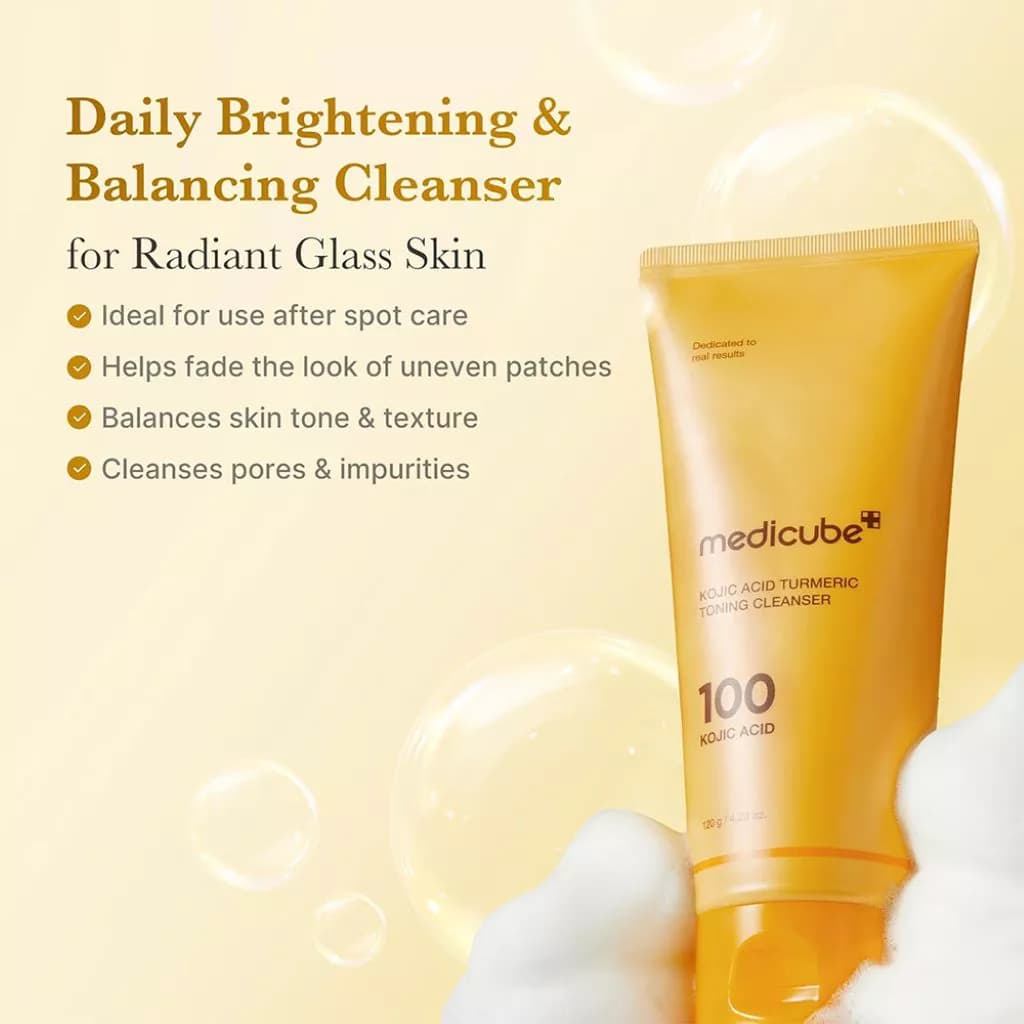 فوم شستشوی روشن‌کننده کوجیک اسید و زردچوبه مدی‌کیوب مدل Kojic Acid Turmeric Toning Cleanser حجم 120 گرم — تصویر ۳