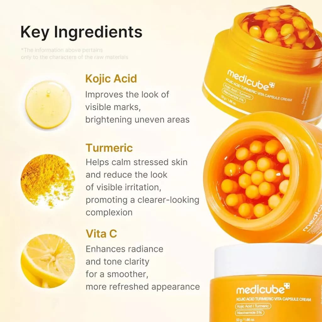 کرم کپسولی روشن‌کننده کوجیک اسید مدی‌کیوب مدل Kojic Acid Turmeric Vita Capsule Cream حجم 53 گرم — تصویر ۳