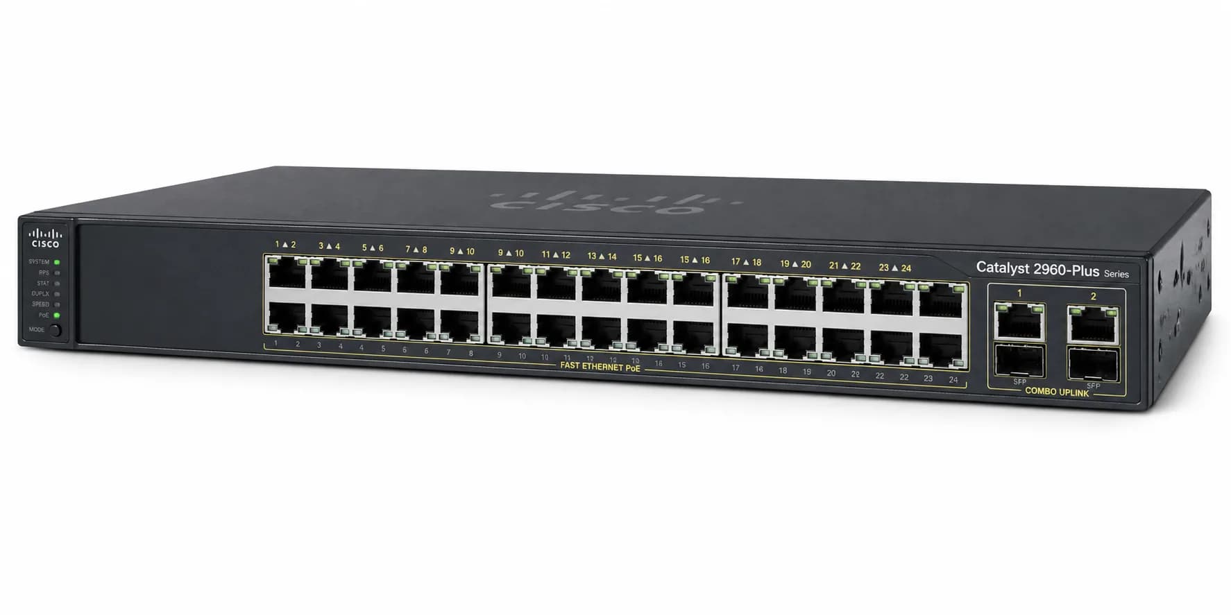 سوئیچ سیسکو مدل WS-C2960+24PC-L | سری 2960-Plus | ۲۴ پورت 10/100 PoE | ۲ پورت آپلینک Combo