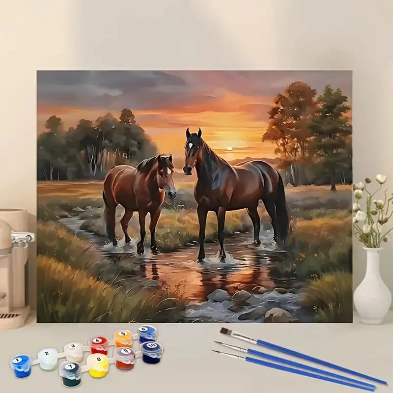 نقاشی با اعداد بزرگسال اسب در دل رود و غروب