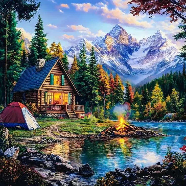 کیت نقاشی الماسی بزرگسال پناهگاه کوهستانی گرم